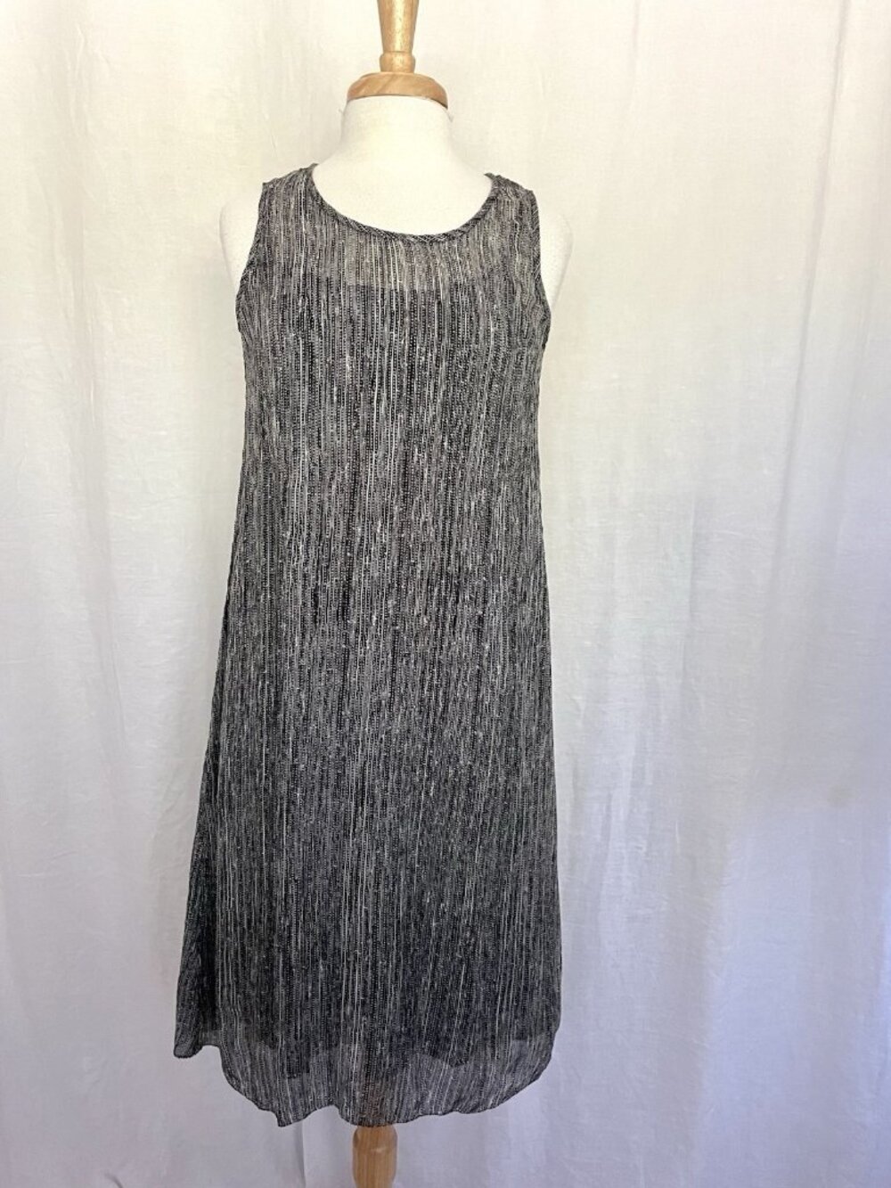 EILEEN FISHER 100% Silk Tank Dress Batik Abstract Black White Classic size XS